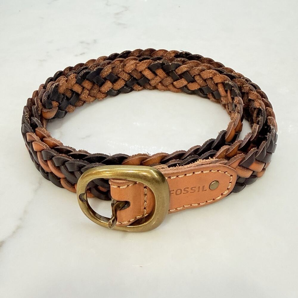 Vtg Fossil Braided Belt Brown Black Genuine Leather Woven Bohemian Western Small